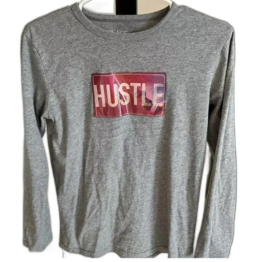 Children’s Place Gray “HUSTLE” long sleeve shirt size L 10/12
